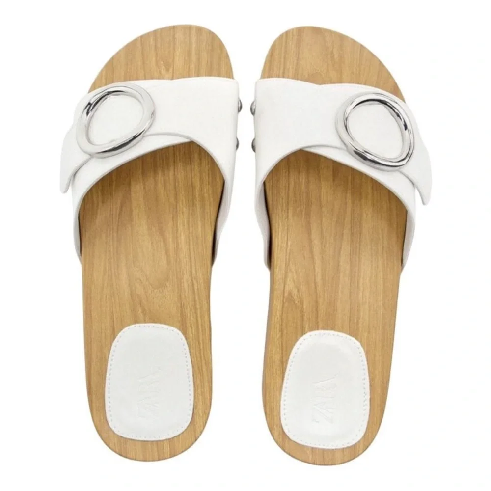 Zara White Slide Sandals with Silver Buckle - Picture 2 of 4